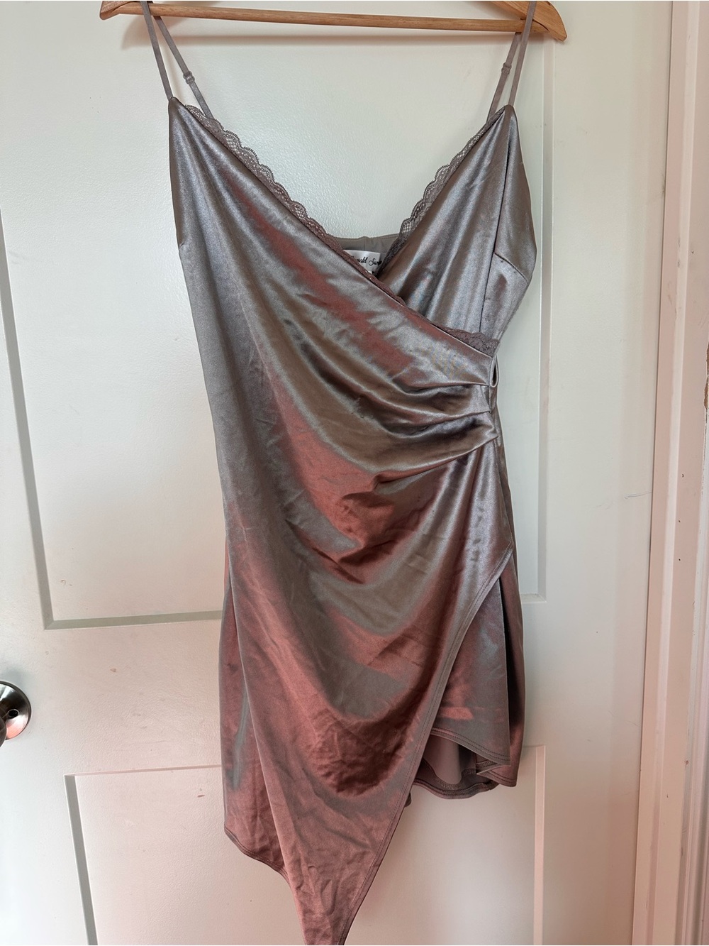 Emerald Sundae Iridescent Satin Asymmetrical Slip Dress in Mauve Silver